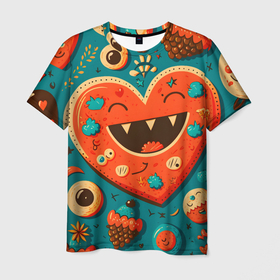 Мужская футболка 3D с принтом Веселое сердце с зубами в Кировске, 100% полиэфир | прямой крой, круглый вырез горловины, длина до линии бедер | 