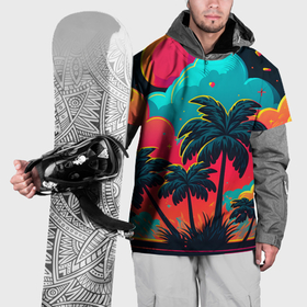 Накидка на куртку 3D с принтом Неоновые пальмы на закате в Петрозаводске, 100% полиэстер |  | Тематика изображения на принте: 