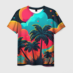 Мужская футболка 3D с принтом Неоновые пальмы на закате в Курске, 100% полиэфир | прямой крой, круглый вырез горловины, длина до линии бедер | Тематика изображения на принте: 