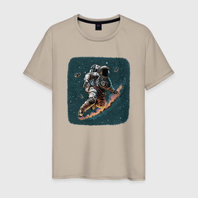 Мужская футболка хлопок с принтом Космонавт с метеорами в Петрозаводске, 100% хлопок | прямой крой, круглый вырез горловины, длина до линии бедер, слегка спущенное плечо. | 