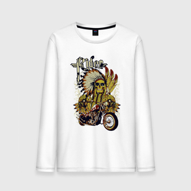 Мужской лонгслив хлопок с принтом Скелет индейца в перьях и мотоцикл rider в Белгороде, 100% хлопок |  | Тематика изображения на принте: 
