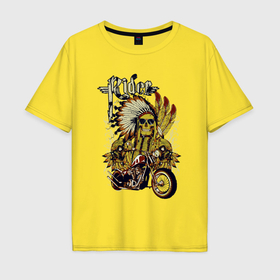 Мужская футболка хлопок Oversize с принтом Скелет индейца в перьях и мотоцикл rider в Петрозаводске, 100% хлопок | свободный крой, круглый ворот, “спинка” длиннее передней части | Тематика изображения на принте: 