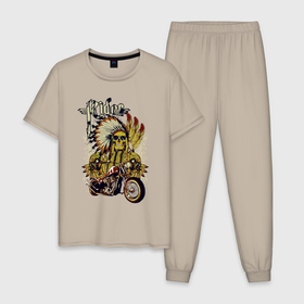 Мужская пижама хлопок с принтом Скелет индейца в перьях и мотоцикл rider в Курске, 100% хлопок | брюки и футболка прямого кроя, без карманов, на брюках мягкая резинка на поясе и по низу штанин
 | 