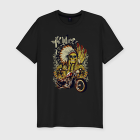 Мужская футболка хлопок Slim с принтом Скелет индейца в перьях и мотоцикл rider в Курске, 92% хлопок, 8% лайкра | приталенный силуэт, круглый вырез ворота, длина до линии бедра, короткий рукав | 
