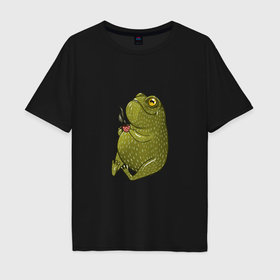 Мужская футболка хлопок Oversize с принтом Чаепитие лягушки в Белгороде, 100% хлопок | свободный крой, круглый ворот, “спинка” длиннее передней части | Тематика изображения на принте: 