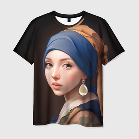 Мужская футболка 3D с принтом Девушка с жемчужной сережкой   современный вариант в Тюмени, 100% полиэфир | прямой крой, круглый вырез горловины, длина до линии бедер | Тематика изображения на принте: 