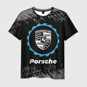 Мужская футболка 3D с принтом Porsche в стиле Top Gear со следами шин на фоне в Екатеринбурге, 100% полиэфир | прямой крой, круглый вырез горловины, длина до линии бедер | 