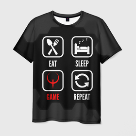 Мужская футболка 3D с принтом Eat, sleep, Quake, repeat , 100% полиэфир | прямой крой, круглый вырез горловины, длина до линии бедер | Тематика изображения на принте: 
