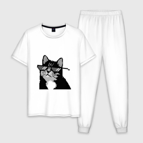 Мужская пижама хлопок с принтом Пиксельный кот в очках в Петрозаводске, 100% хлопок | брюки и футболка прямого кроя, без карманов, на брюках мягкая резинка на поясе и по низу штанин
 | 