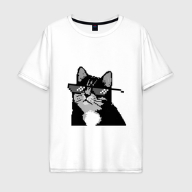 Мужская футболка хлопок Oversize с принтом Пиксельный кот в очках , 100% хлопок | свободный крой, круглый ворот, “спинка” длиннее передней части | Тематика изображения на принте: 