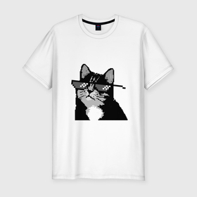 Мужская футболка хлопок Slim с принтом Пиксельный кот в очках в Петрозаводске, 92% хлопок, 8% лайкра | приталенный силуэт, круглый вырез ворота, длина до линии бедра, короткий рукав | 