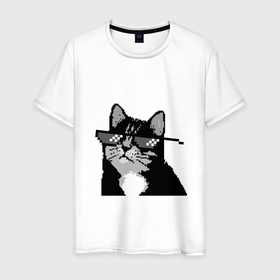 Мужская футболка хлопок с принтом Пиксельный кот в очках , 100% хлопок | прямой крой, круглый вырез горловины, длина до линии бедер, слегка спущенное плечо. | Тематика изображения на принте: 