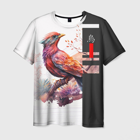 Мужская футболка 3D с принтом Птичка на ветке в Белгороде, 100% полиэфир | прямой крой, круглый вырез горловины, длина до линии бедер | Тематика изображения на принте: 