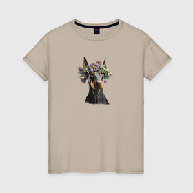 Женская футболка хлопок с принтом Доберман в венке из цветов в Белгороде, 100% хлопок | прямой крой, круглый вырез горловины, длина до линии бедер, слегка спущенное плечо | 