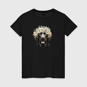 Женская футболка хлопок с принтом Лабрадор черный в венке из цветов в Екатеринбурге, 100% хлопок | прямой крой, круглый вырез горловины, длина до линии бедер, слегка спущенное плечо | 
