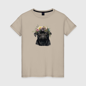 Женская футболка хлопок с принтом Мопс черный в венке из цветов в Петрозаводске, 100% хлопок | прямой крой, круглый вырез горловины, длина до линии бедер, слегка спущенное плечо | 