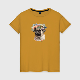 Женская футболка хлопок с принтом Мопс в венке из цветов в Петрозаводске, 100% хлопок | прямой крой, круглый вырез горловины, длина до линии бедер, слегка спущенное плечо | 