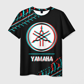Мужская футболка 3D с принтом Значок Yamaha в стиле glitch на темном фоне в Новосибирске, 100% полиэфир | прямой крой, круглый вырез горловины, длина до линии бедер | Тематика изображения на принте: 