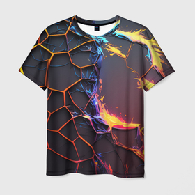 Мужская футболка 3D с принтом Подорванные неоновые плиты , 100% полиэфир | прямой крой, круглый вырез горловины, длина до линии бедер | 