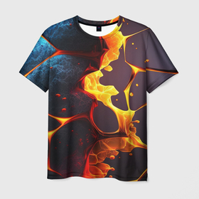 Мужская футболка 3D с принтом ВЫтекающая лава из плит , 100% полиэфир | прямой крой, круглый вырез горловины, длина до линии бедер | 
