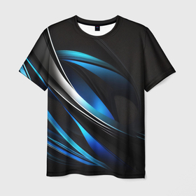 Мужская футболка 3D с принтом Абстрактные синие и белые линии на черном фоне в Екатеринбурге, 100% полиэфир | прямой крой, круглый вырез горловины, длина до линии бедер | 