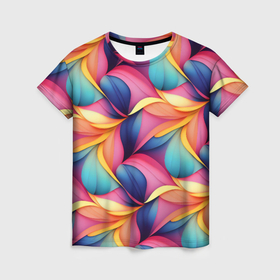 Женская футболка 3D с принтом Абстрактные цветы в узоре , 100% полиэфир ( синтетическое хлопкоподобное полотно) | прямой крой, круглый вырез горловины, длина до линии бедер | 