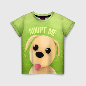 Детская футболка 3D с принтом Adopt Me Roblox Щенок , 100% гипоаллергенный полиэфир | прямой крой, круглый вырез горловины, длина до линии бедер, чуть спущенное плечо, ткань немного тянется | Тематика изображения на принте: 