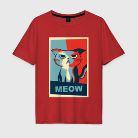 Мужская футболка хлопок Oversize с принтом Meow Obey в Екатеринбурге, 100% хлопок | свободный крой, круглый ворот, “спинка” длиннее передней части | 