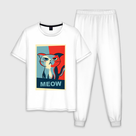 Мужская пижама хлопок с принтом Meow Obey в Екатеринбурге, 100% хлопок | брюки и футболка прямого кроя, без карманов, на брюках мягкая резинка на поясе и по низу штанин
 | 