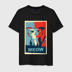 Мужская футболка хлопок с принтом Meow obey в Белгороде, 100% хлопок | прямой крой, круглый вырез горловины, длина до линии бедер, слегка спущенное плечо. | 