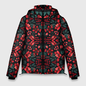 Мужская зимняя куртка 3D с принтом Растительный узор из красных цветов в Новосибирске, верх — 100% полиэстер; подкладка — 100% полиэстер; утеплитель — 100% полиэстер | длина ниже бедра, свободный силуэт Оверсайз. Есть воротник-стойка, отстегивающийся капюшон и ветрозащитная планка. 

Боковые карманы с листочкой на кнопках и внутренний карман на молнии. | 