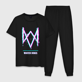 Мужская пижама хлопок с принтом Watch Dogs в стиле glitch и баги графики , 100% хлопок | брюки и футболка прямого кроя, без карманов, на брюках мягкая резинка на поясе и по низу штанин
 | 