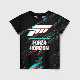 Детская футболка 3D с принтом Forza Horizon в стиле glitch и баги графики на темном фоне в Санкт-Петербурге, 100% гипоаллергенный полиэфир | прямой крой, круглый вырез горловины, длина до линии бедер, чуть спущенное плечо, ткань немного тянется | 