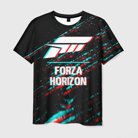 Мужская футболка 3D с принтом Forza Horizon в стиле glitch и баги графики на темном фоне в Новосибирске, 100% полиэфир | прямой крой, круглый вырез горловины, длина до линии бедер | 