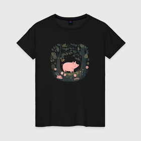 Женская футболка хлопок с принтом Свинка в лесу , 100% хлопок | прямой крой, круглый вырез горловины, длина до линии бедер, слегка спущенное плечо | 