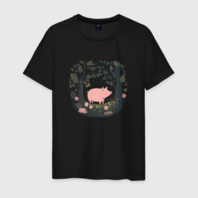 Мужская футболка хлопок с принтом Свинка в лесу в Белгороде, 100% хлопок | прямой крой, круглый вырез горловины, длина до линии бедер, слегка спущенное плечо. | 