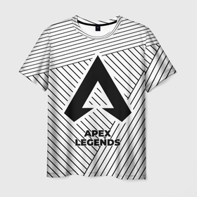 Мужская футболка 3D с принтом Символ Apex Legends на светлом фоне с полосами в Санкт-Петербурге, 100% полиэфир | прямой крой, круглый вырез горловины, длина до линии бедер | Тематика изображения на принте: 