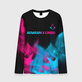 Мужской лонгслив 3D с принтом Assassins Creed   neon gradient: символ сверху в Петрозаводске, 100% полиэстер | длинные рукава, круглый вырез горловины, полуприлегающий силуэт | 