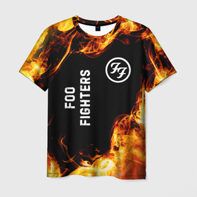 Мужская футболка 3D с принтом Foo Fighters и пылающий огонь в Кировске, 100% полиэфир | прямой крой, круглый вырез горловины, длина до линии бедер | 