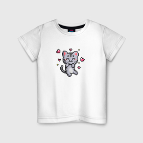 Детская футболка хлопок с принтом Котенок в стиле пиксель арт в Кировске, 100% хлопок | круглый вырез горловины, полуприлегающий силуэт, длина до линии бедер | 