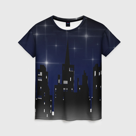 Женская футболка 3D с принтом Город ночной в городе Новоалтайск, 100% полиэфир ( синтетическое хлопкоподобное полотно) | прямой крой, круглый вырез горловины, длина до линии бедер | 