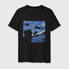 Мужская футболка хлопок с принтом Звёздная ночь коты в Кировске, 100% хлопок | прямой крой, круглый вырез горловины, длина до линии бедер, слегка спущенное плечо. | 