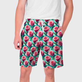 Мужские шорты 3D с принтом Узор из розовых роз в Тюмени,  полиэстер 100% | прямой крой, два кармана без застежек по бокам. Мягкая трикотажная резинка на поясе, внутри которой широкие завязки. Длина чуть выше колен | 