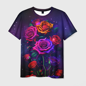 Мужская футболка 3D с принтом Красочный букет из роз и звездное пространство в Тюмени, 100% полиэфир | прямой крой, круглый вырез горловины, длина до линии бедер | Тематика изображения на принте: 