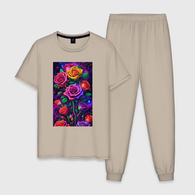 Мужская пижама хлопок с принтом Букет из разноцветных роз со звездами в Тюмени, 100% хлопок | брюки и футболка прямого кроя, без карманов, на брюках мягкая резинка на поясе и по низу штанин
 | Тематика изображения на принте: 