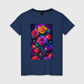 Женская футболка хлопок с принтом Букет из разноцветных роз со звездами в Екатеринбурге, 100% хлопок | прямой крой, круглый вырез горловины, длина до линии бедер, слегка спущенное плечо | 