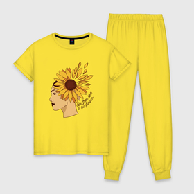 Женская пижама хлопок с принтом Girl and sunflower в Тюмени, 100% хлопок | брюки и футболка прямого кроя, без карманов, на брюках мягкая резинка на поясе и по низу штанин | 