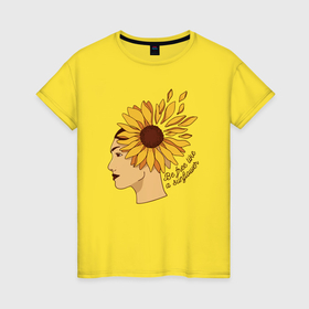 Женская футболка хлопок с принтом Girl and sunflower в Тюмени, 100% хлопок | прямой крой, круглый вырез горловины, длина до линии бедер, слегка спущенное плечо | 