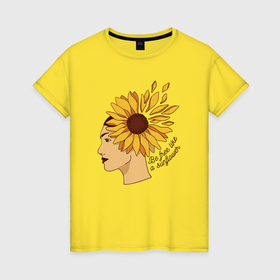 Женская футболка хлопок с принтом Girl and sunflower в Рязани, 100% хлопок | прямой крой, круглый вырез горловины, длина до линии бедер, слегка спущенное плечо | 