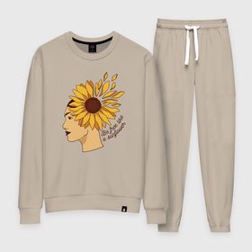 Женский костюм хлопок с принтом Girl and sunflower в Тюмени, 100% хлопок | на свитшоте круглая горловина, мягкая резинка по низу. Брюки заужены к низу, на них два вида карманов: два 